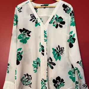 Banana Republic XL white blouse with green, black & beige flower print